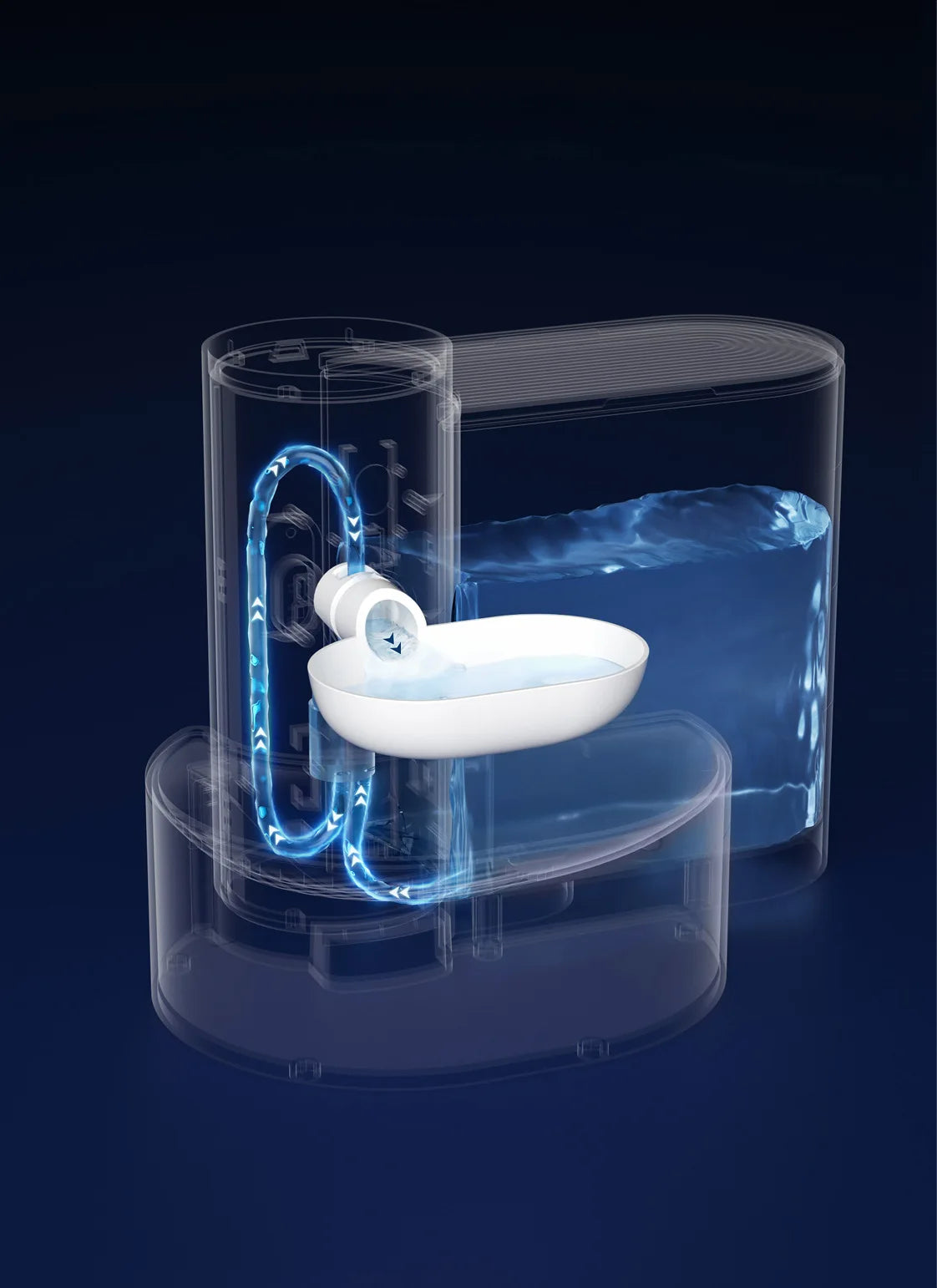 Transparenter, automatischer Pet-Wasserspender mit weißer Schale und blau leuchtendem Schlauch auf dunkler Oberfläche.
