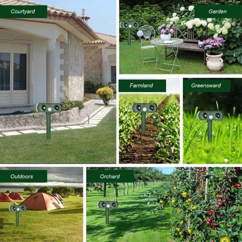 A solar-powered ultrasonic animal repeller device is shown in various outdoor settings like a courtyard, garden, farmland, an