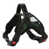 Black adjustable no-pull dog harness with green camouflage pattern and reflective trim
