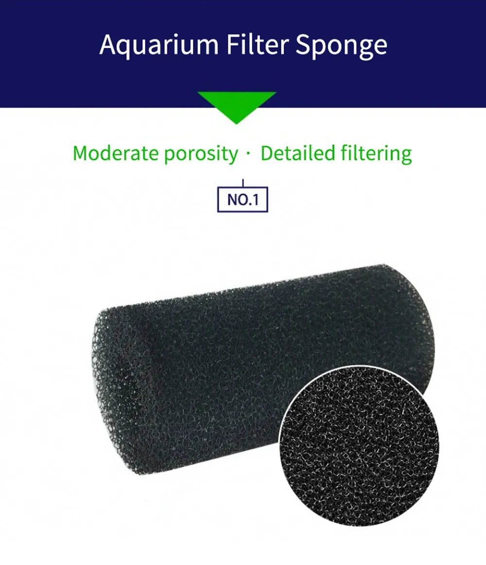 A black aquarium filter sponge is shown, highlighting moderate porosity for detailed filtering.