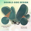 A double-sided pet grooming glove showing a textured green surface for deep brushing and a stripe side for quick removing.