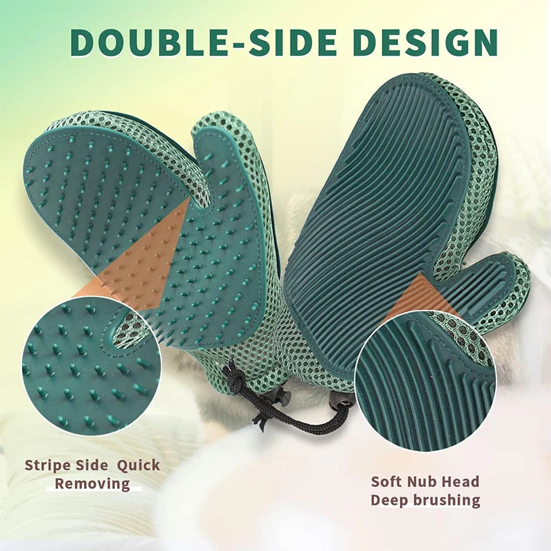 A double-sided pet grooming glove showing a textured green surface for deep brushing and a stripe side for quick removing.