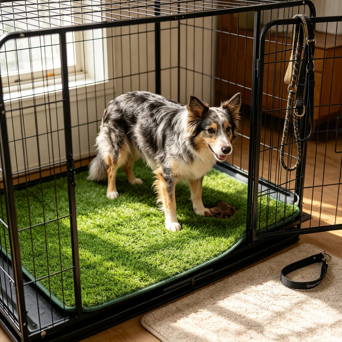 A dog is standing on a green artificial grass mat inside a black wire crate.