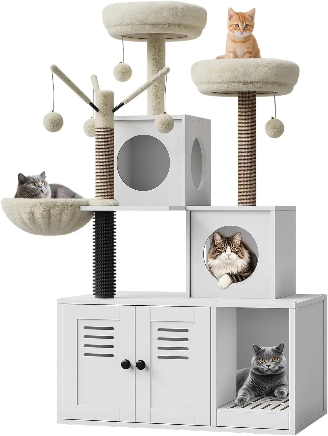 A large cat tree featuring multiple scratching posts and a cabinet with a hidden litter box for cats.