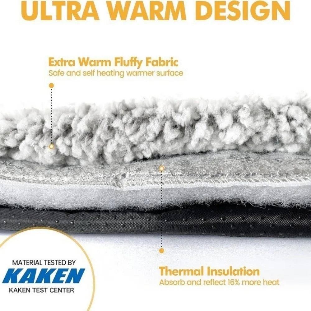 Close-up of a fluffy, self-heating mat showing layers of fabric and insulation for warmth.