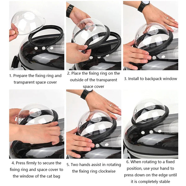 Instructions showing how to prepare, place, and install a transparent bubble pet carrier on a backpack window.