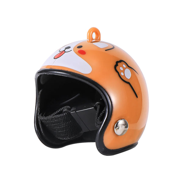 An orange and white bird safety helmet with a black interior and an orange strap.