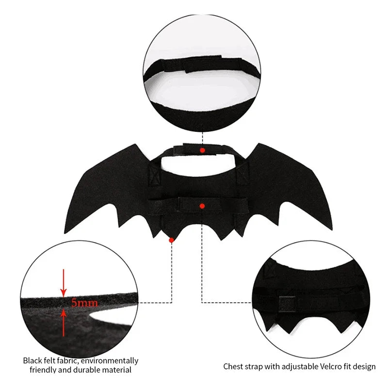 Black felt bat wings pet costume with a pumpkin bell for cats and small dogs