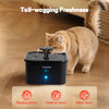A fluffy orange cat is drinking water from a black cat fountain device with flowing water and filtration features.