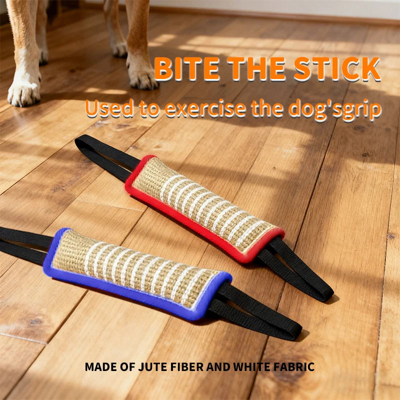 A black and red jute fiber dog grip toy with dual handles made of jute fiber and white fabric