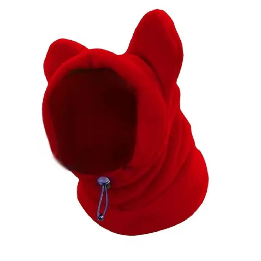 Gorro de invierno para perro de forro polar rojo brillante con capucha y cordón.