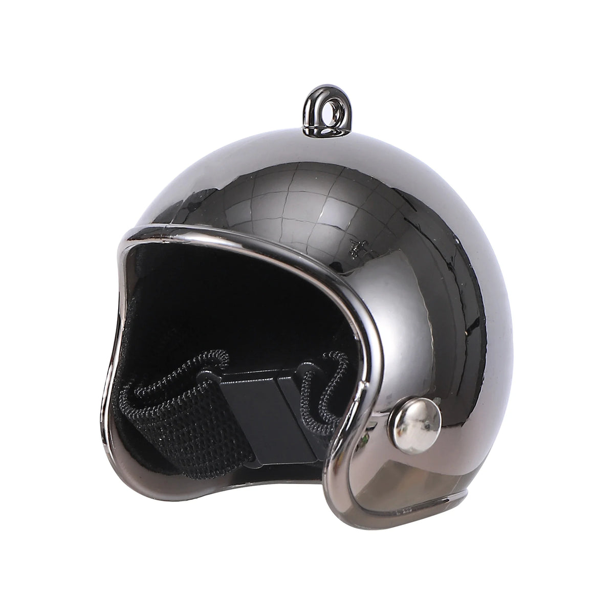 A shiny silver adjustable bird safety helmet with a smooth dome and a protective opening.
