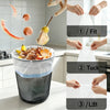 Hands are shown fitting, tucking, and lifting a white drawstring trash bag with handles into a black mesh bin.