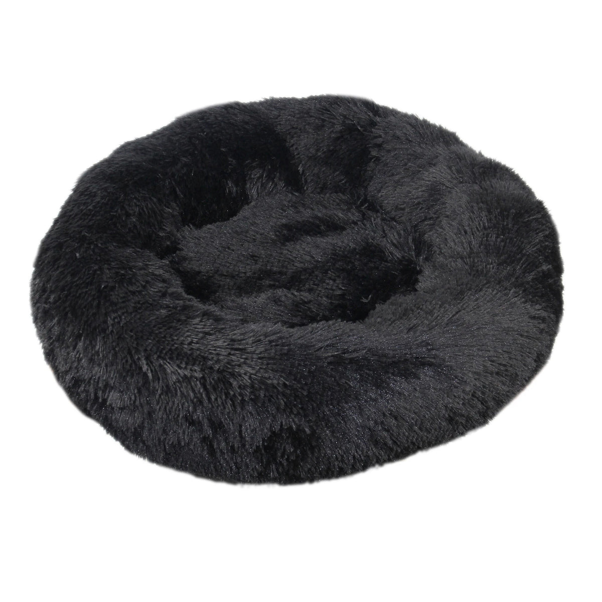 A round, black plush pet bed for dogs and cats.