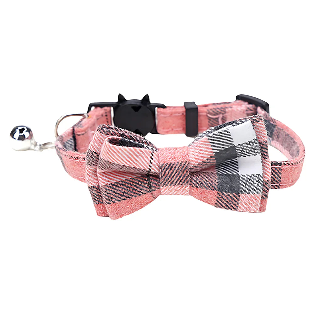 Pink plaid bow tie collar for cats and small dogs with a black collar and silver clip