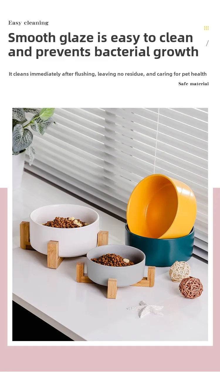 Elevated Ceramic Pet Bowl with Wooden Stand