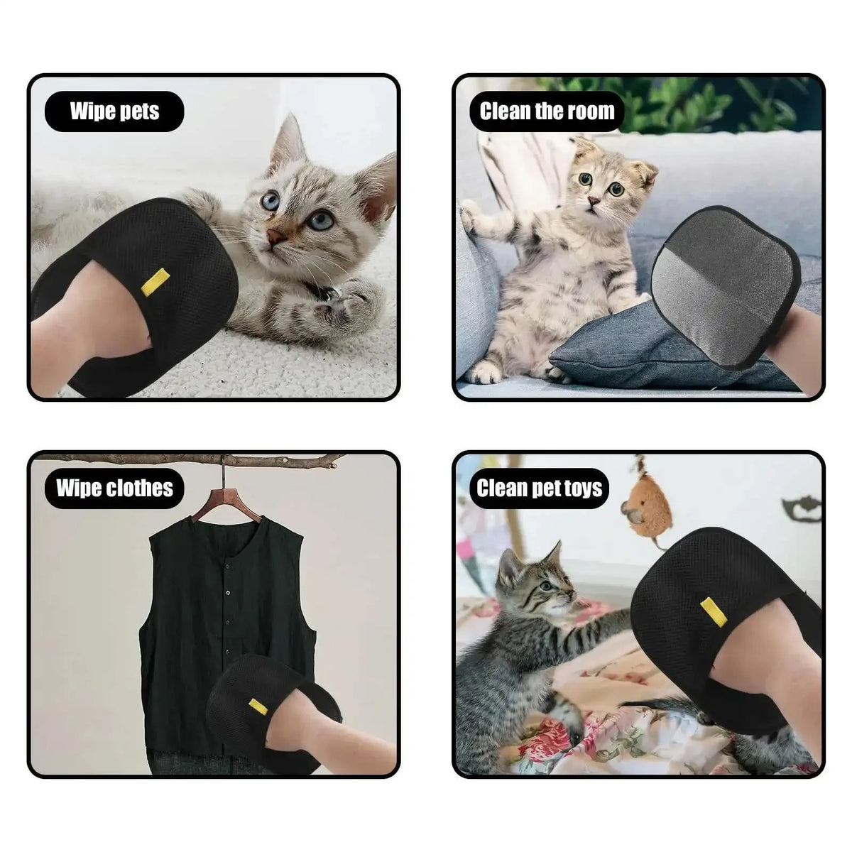 Reusable pet grooming gloves shown cleaning a kitten and pets, and wiping clothes.