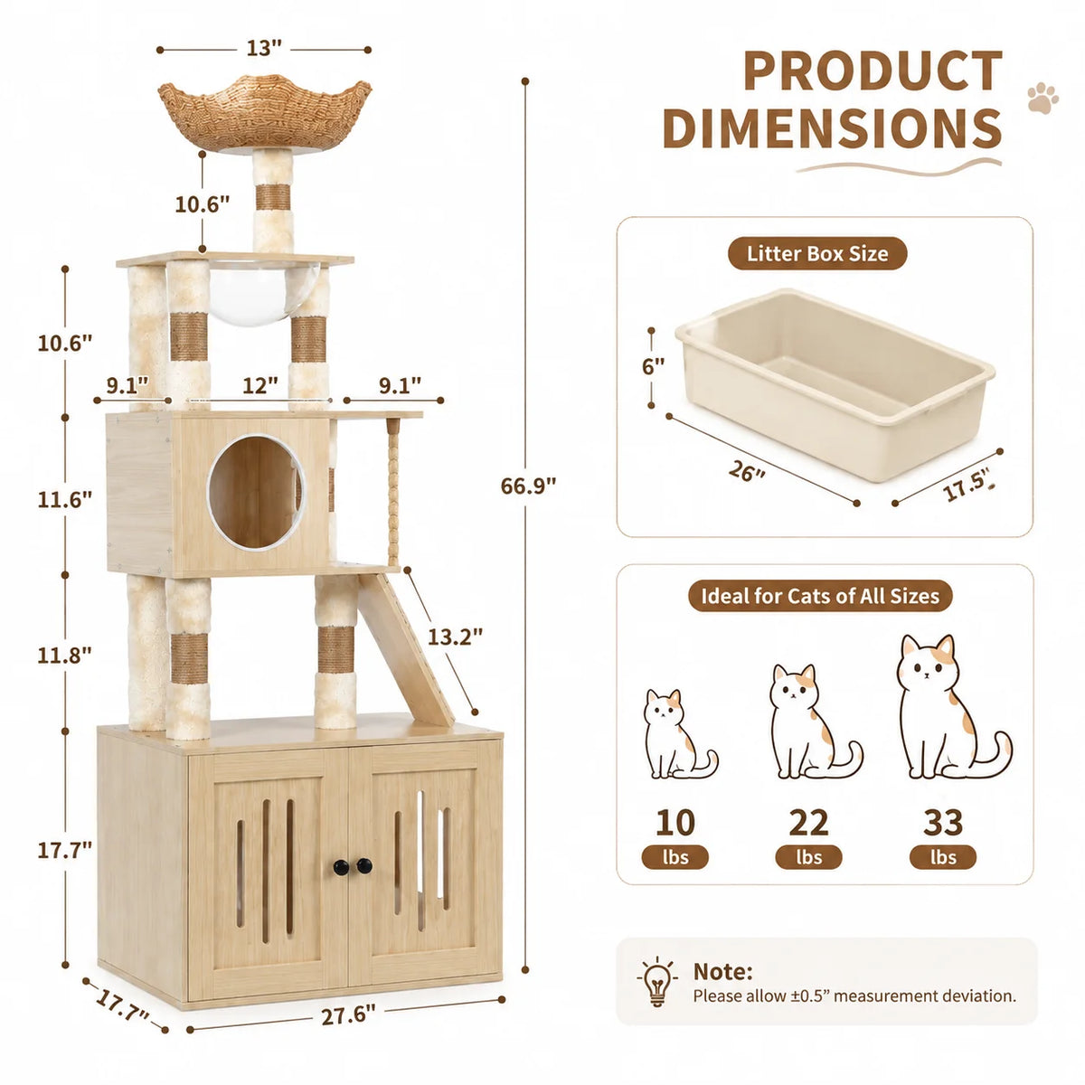 A light wood multifunctional cat tree featuring a litter box enclosure and storage cabinet for cats of various sizes.
