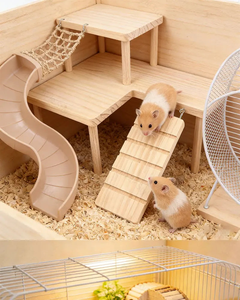 L-Shaped Wooden Hamster Platform with Stairs