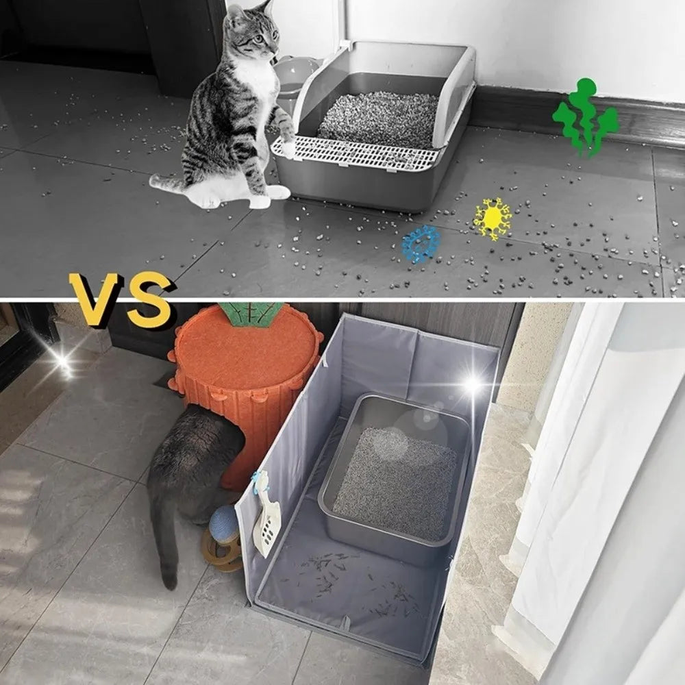 Comparison showing a traditional litter box versus a foldable cat litter box enclosure with a splash guard.
