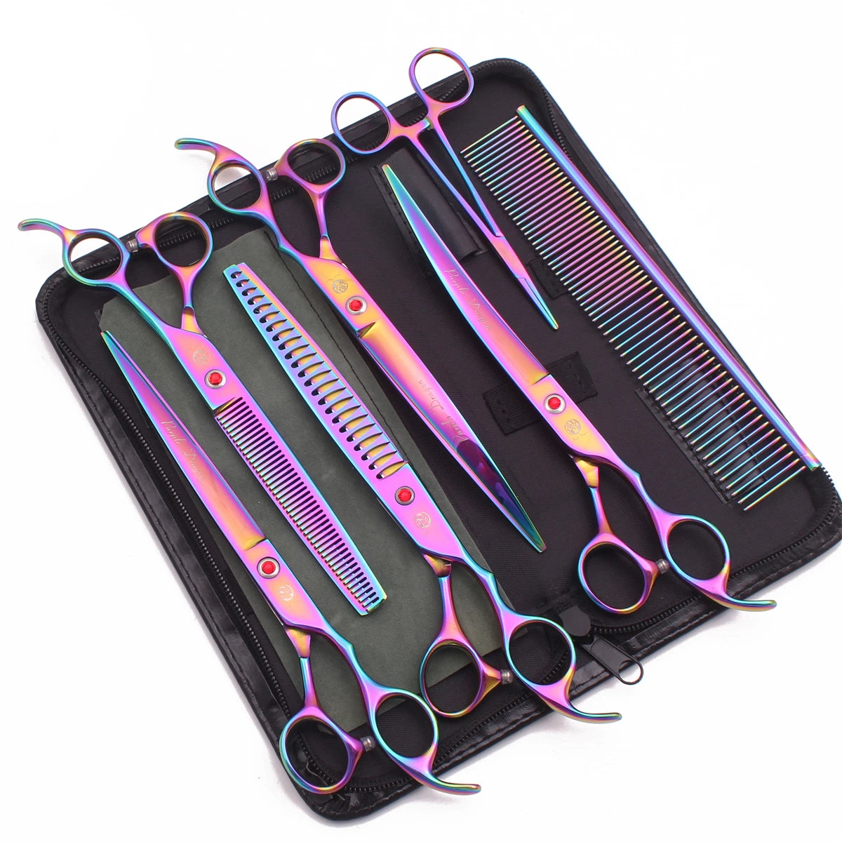 A set of professional stainless steel pet grooming scissors with colorful handles and a black protective case.