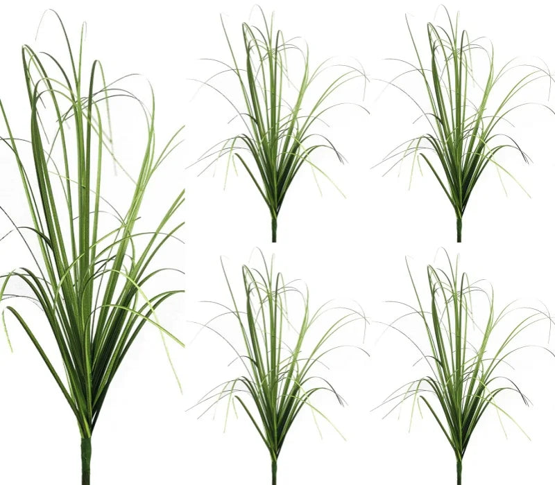 Four variations of green onion grass garden decoration showing different growth styles and textures.