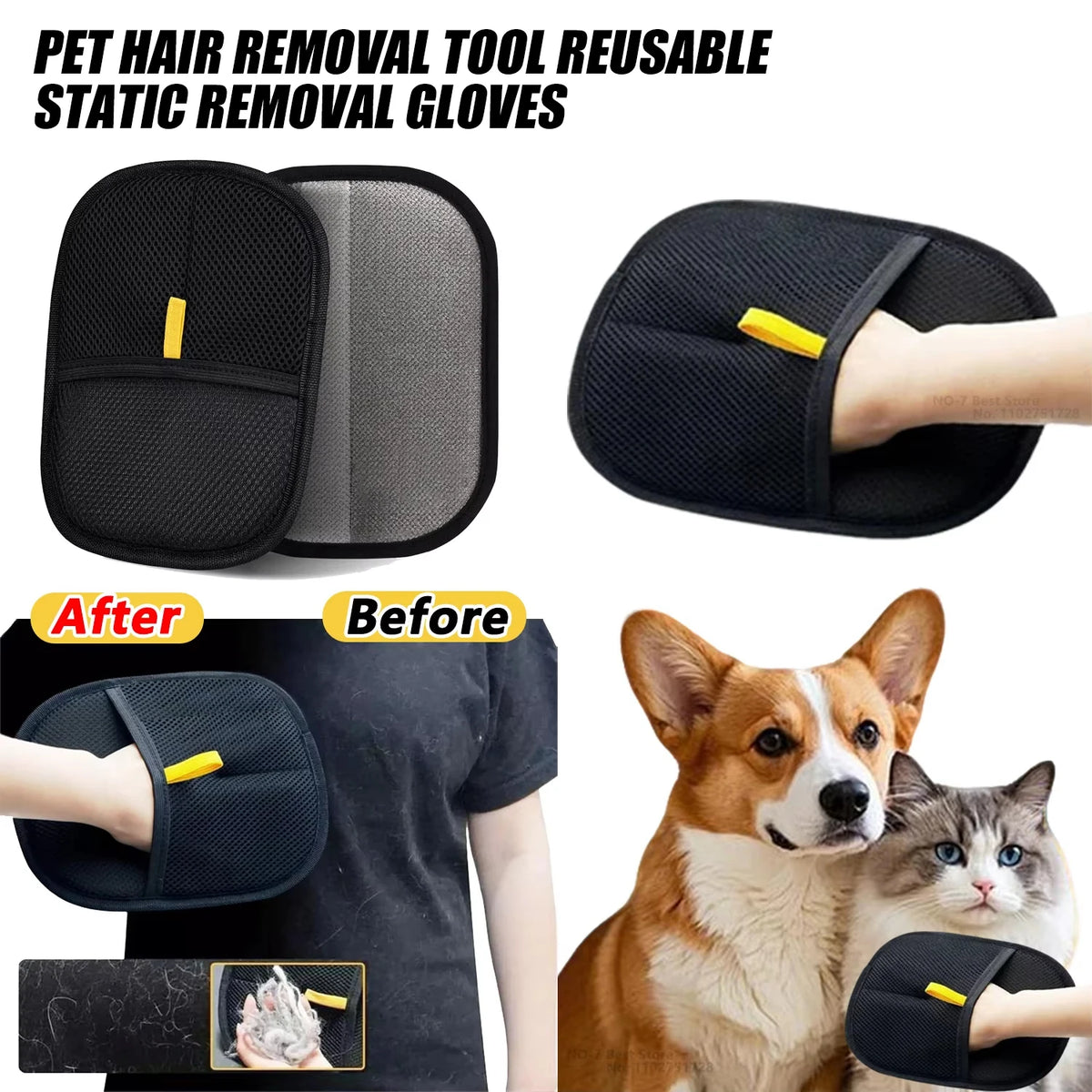 Reusable pet hair removal gloves shown before and after use on a dog's fur.