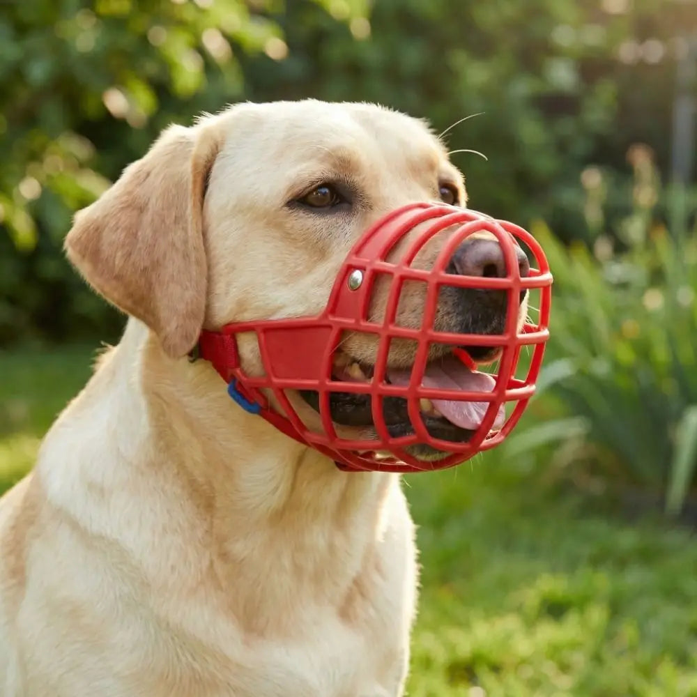 A light-colored Labrador dog is holding a red adjustable bite-resistant muzzle with its mouth open.