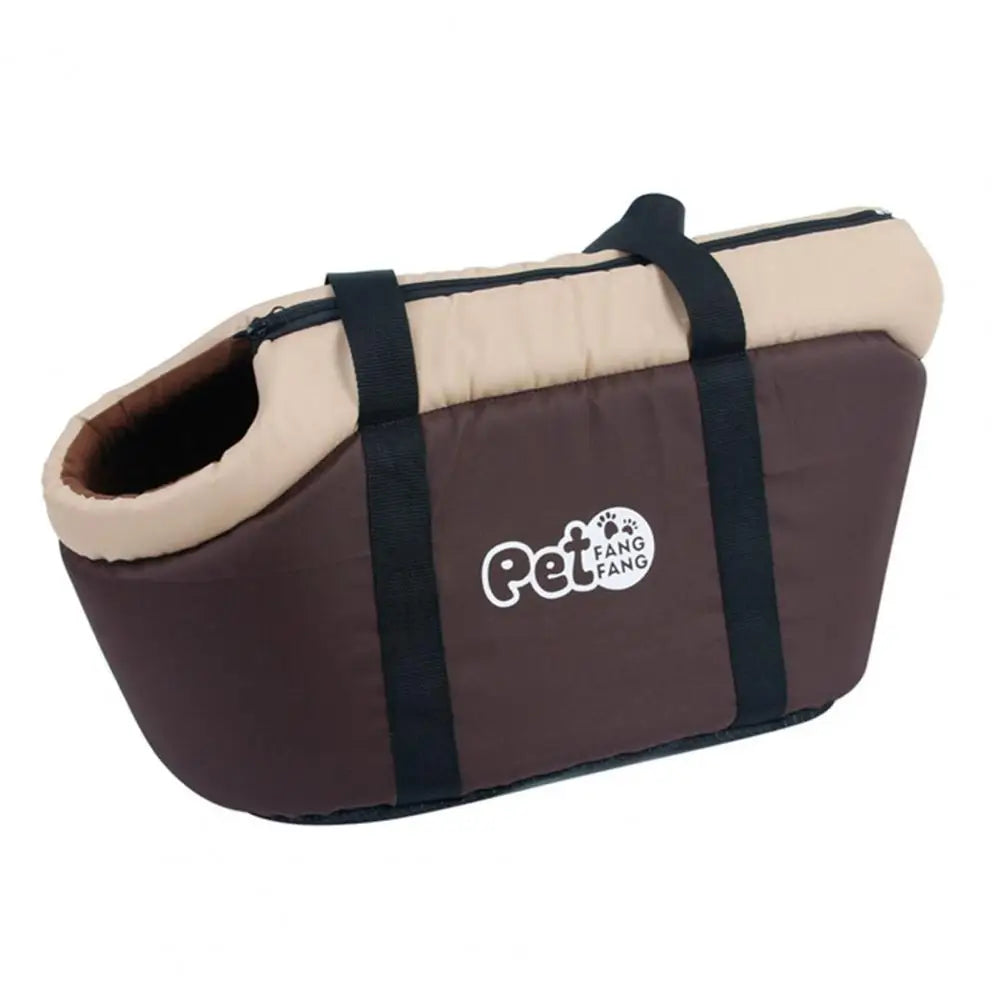 Transport pour animal souple marron avec rembourrage beige et sangles noires.