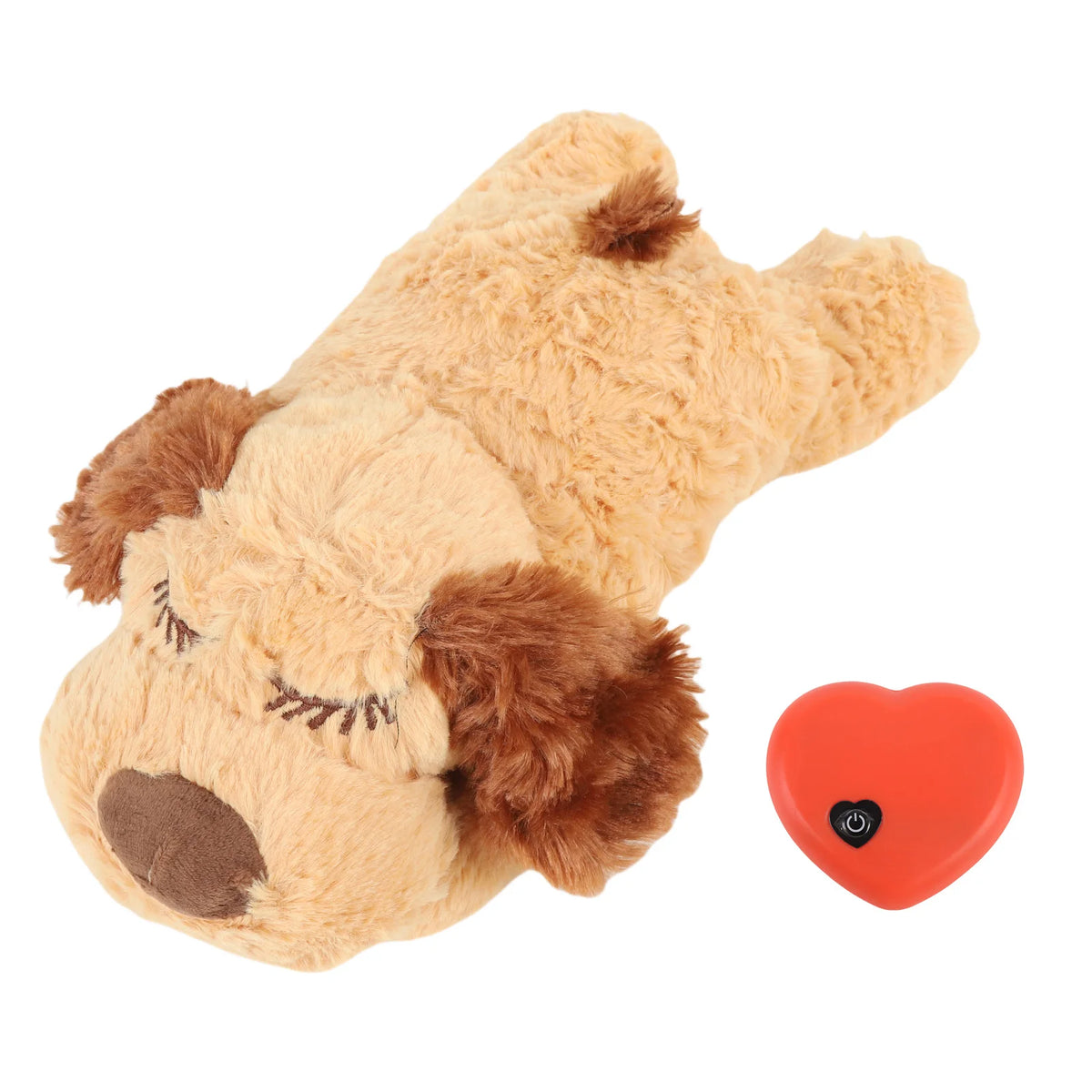 A light brown stuffed animal resembling a dog's head with brown ears and a small orange heart-shaped button.