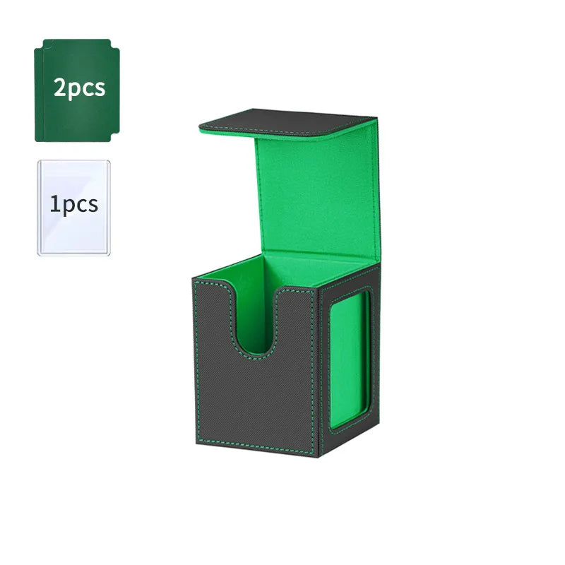 A green PU leather magnetic card deck box with a display window, shown next to two pieces and one piece.
