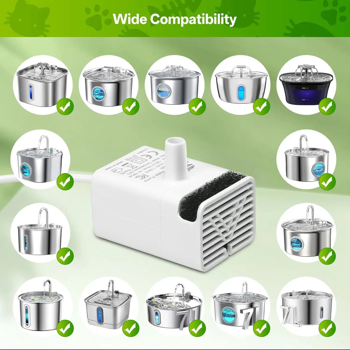 A collection of stainless steel cat water fountains and a white replacement pump with cleaning brushes demonstrating wide com
