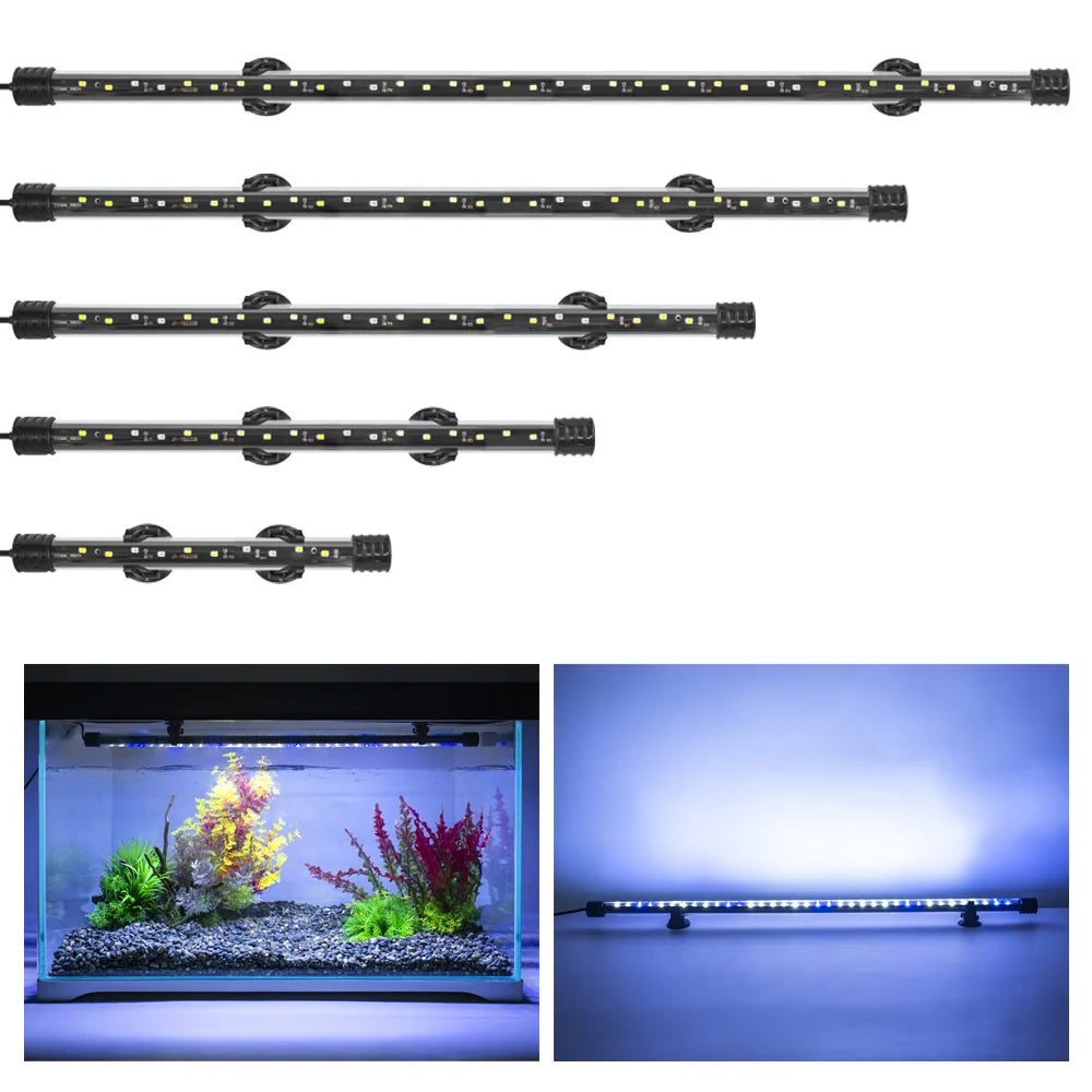 Multiple views of a USB-powered submersible aquarium LED plant light bar.