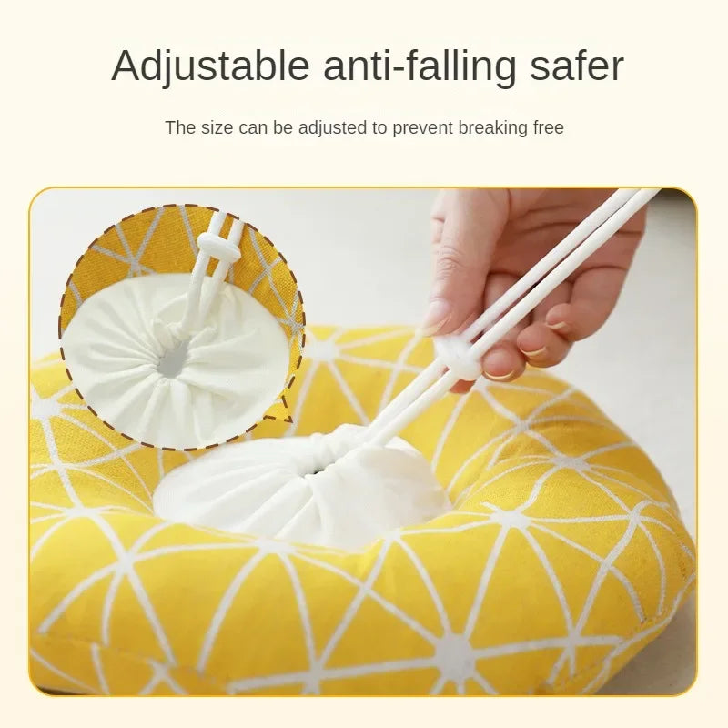 A hand adjusts an adjustable anti-falling safer device, which is a soft white collar alternative for pets.