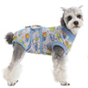A small, fluffy dog wearing a light blue and yellow patterned pet recovery suit.