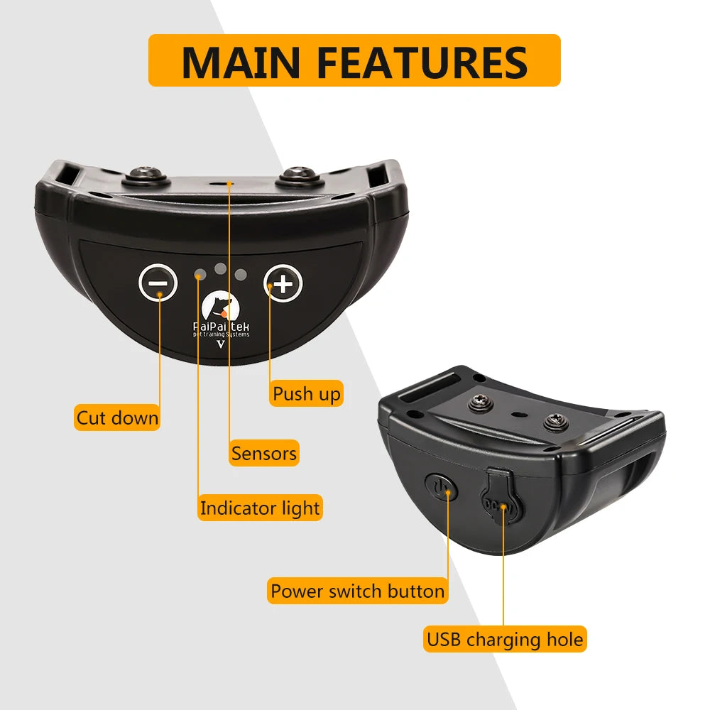 A black rechargeable anti-bark dog collar showing various features like sensors, indicator light, power switch, and USB charg