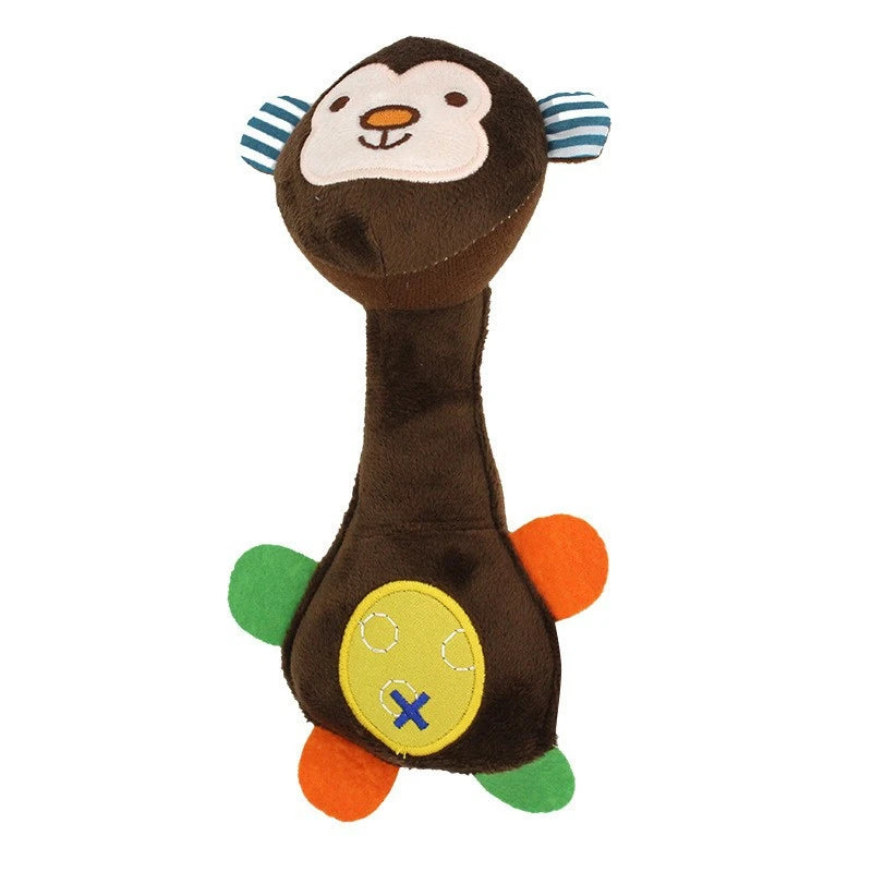 A brown plush dog toy with large eyes and striped ears, featuring a yellow tag on its belly.