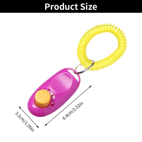 Pink pet training clicker with a yellow wrist strap shown against a white background.