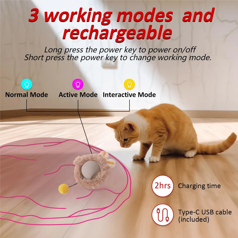 A cat toy featuring a rolling ball and pouch, shown with instructions for three working modes and rechargeable via a Type-C U