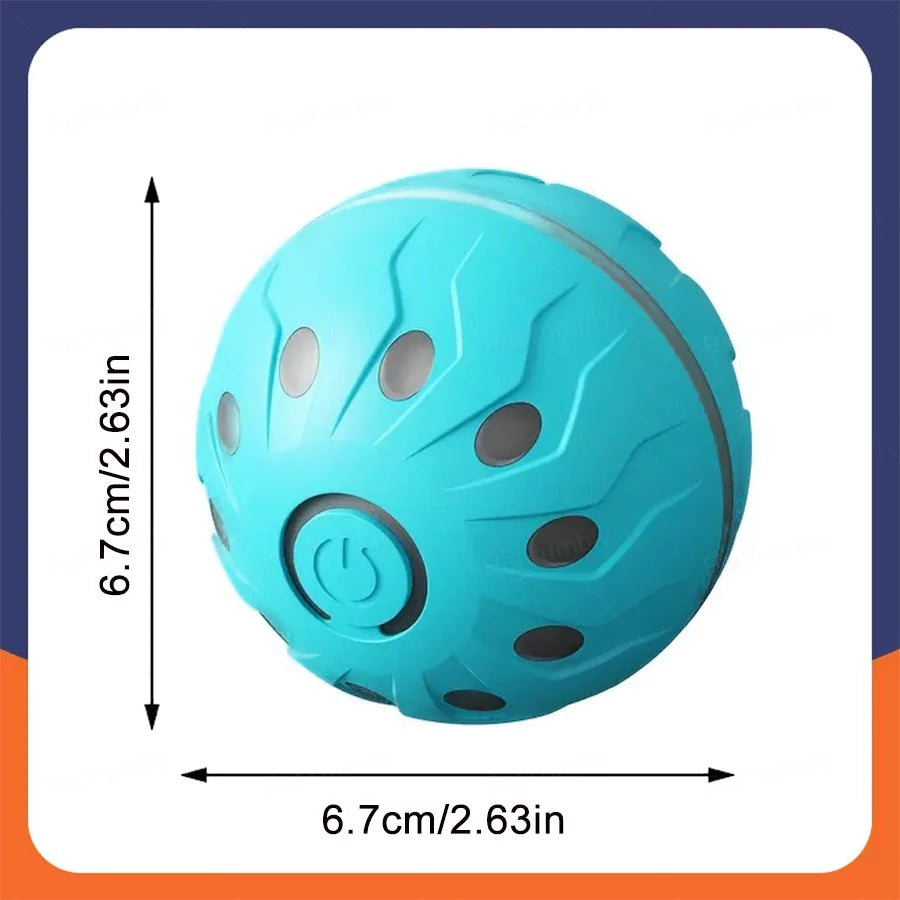 A bright blue interactive self-moving pet ball with holes and a power button shown against a white background.