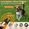 Collar eléctrico naranja para entrenamiento de perros, mostrando su rango de control en un campo de hierba.