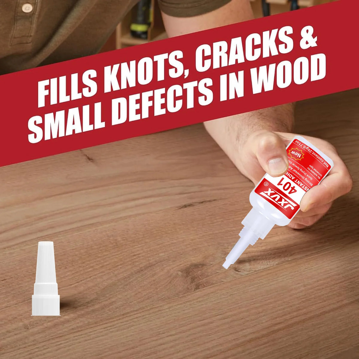 A hand applies All-Purpose Cyanoacrylate Adhesive Super Glue to fill knots, cracks, and small defects in wood.