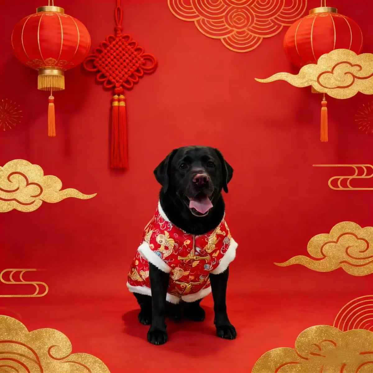 A black dog wearing a red and gold traditional Chinese pattern hoodie against a vibrant red background decorated with golden 