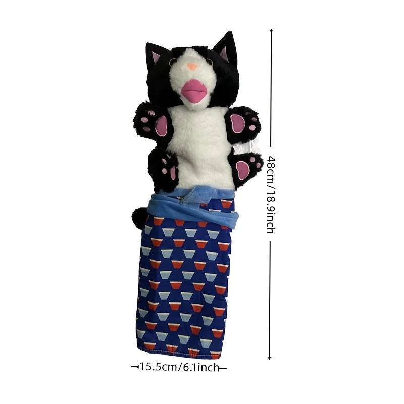 A plush interactive cat wrestling toy with black and white fur and poseable limbs, shown standing vertically.