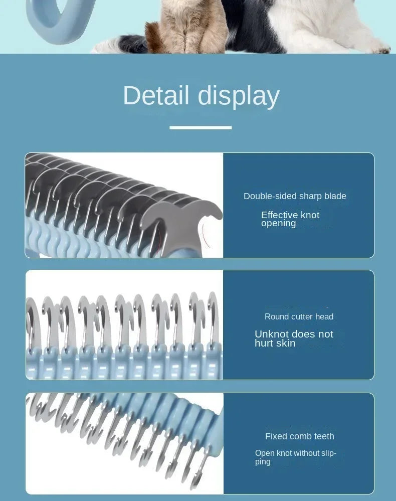 Detail display of a double-sided sharp blade pet grooming brush with round cutter head and fixed comb teeth