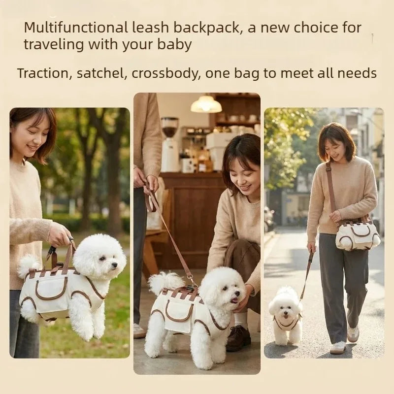A multi-functional leash backpack used by a woman to carry a small white dog outdoors.