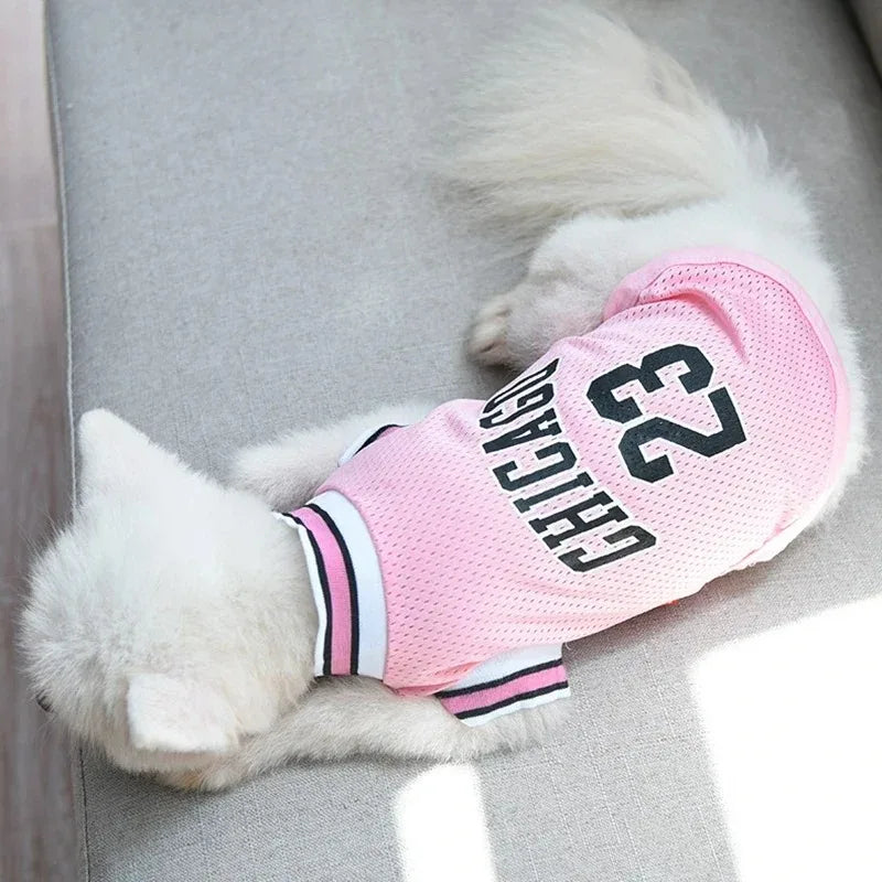 A white dog wearing a pink breathable mesh sport jersey with the number 23.
