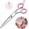 A pair of professional stainless steel pet grooming scissors shown with a close-up view of the blades and a demonstration on 