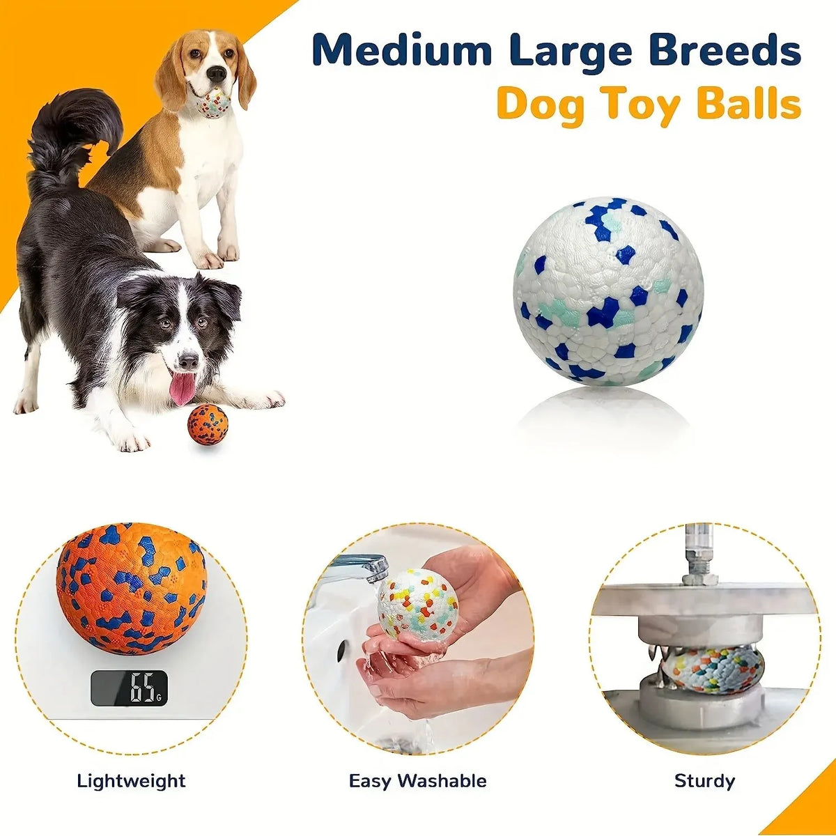 A white and brown dog toy ball is shown next to a dog, highlighting its lightweight, easy washable, and sturdy features.