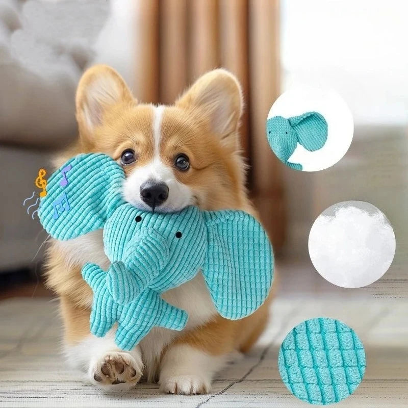 A fluffy dog holds a teal squeaky elephant plush toy.
